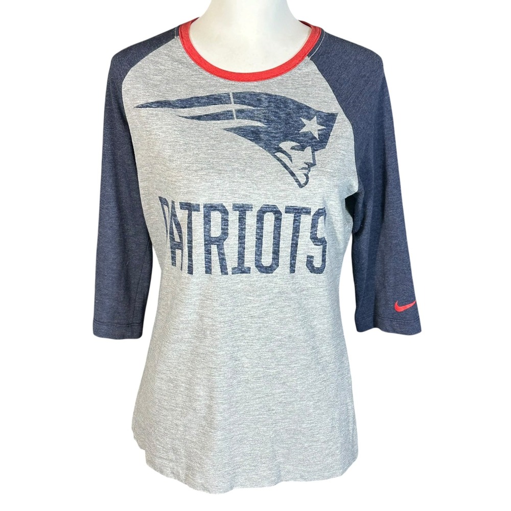 Nike Patriots Shirt Womens Large Grey Navy 3/4 Sleeve Raglan NFL Team Apparel